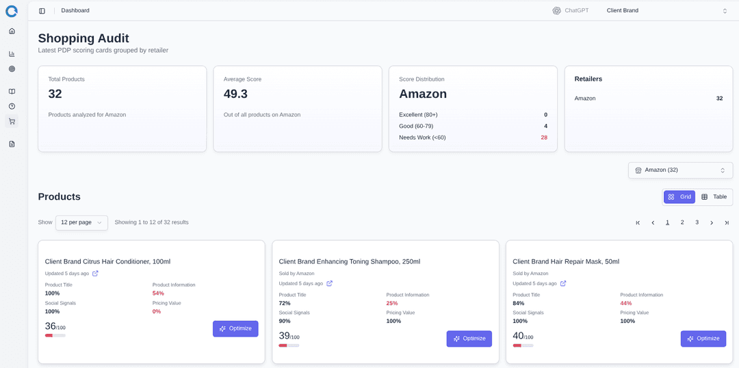 XEO 360 integrates a digital shelf analysis tool, allowing LLM visibility insights to inform product description page optimization actions